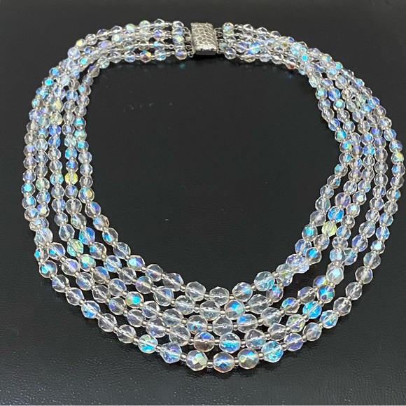 Vintage Unsigned Czech Fire Polished Aurora Borealis 5- Strand Beaded Necklace - Picture 3 of 11